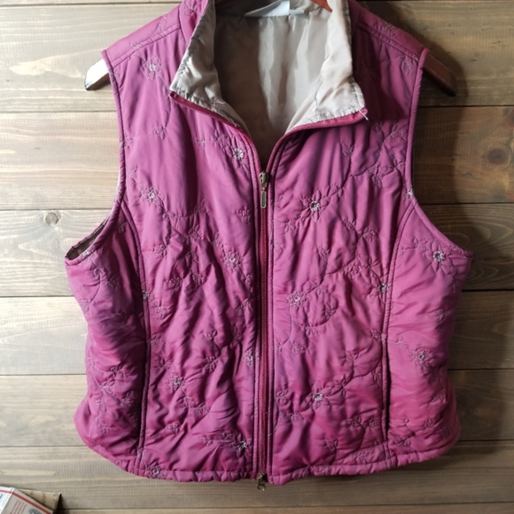 CROFT & BARROW Quilted Marron Floral  Embroidered Vest Sm PL
